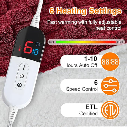 Electric Heated Blanket Twin Size - Jacquard Checkered Sherpa 62"x84" Fast Heating Bed Blankets with 6 Heating Levels & 10 Hours Auto Off, Over-Heat Protection ETL, Red