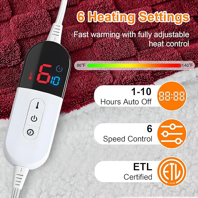 Electric Heated Blanket Full Size - Jacquard Checkered Sherpa 72"x84" Fast Heating Bed Blankets with 6 Heating Levels & 10 Hours Auto Off, Over-Heat Protection ETL, Red