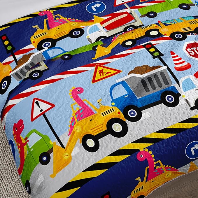QOOMO Construction Dinosaur Quilt Set Twin Size,Excavator Bedspread Coverlet Set,Tractor 3Pcs Bedding Set Printed Quilt with 2 Pillowcases,Soft and Lightweight,for All Seasons