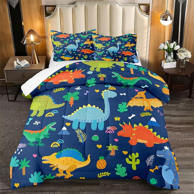 Dinosaur Comforter Set for Boys, Cartoon Dinosaur Bedding Set Queen Size, Cute Blue Pattern Dinosaurs Comforter Sets for Kids Teens Soft Breathable All Season Quilt 3Pcs with 2 Pillowcases
