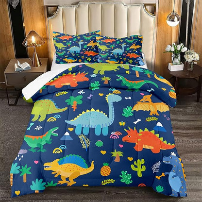 Dinosaur Comforter Set for Boys, Cartoon Dinosaur Bedding Set Queen Size, Cute Blue Pattern Dinosaurs Comforter Sets for Kids Teens Soft Breathable All Season Quilt 3Pcs with 2 Pillowcases