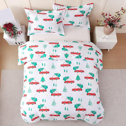 JSD Red Cars Kids Christmas Duvet Cover Set Full Size, 3 Piece Xmas Comforter Cover with Pillow Sham Zipper Closure, Comforter Not Included
