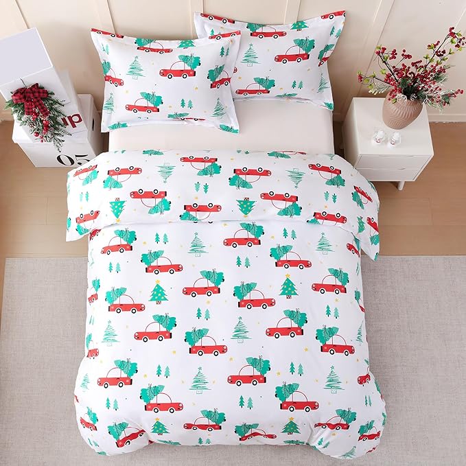 JSD Red Cars Kids Christmas Duvet Cover Set Twin Size, 2 Piece Xmas Comforter Cover with Pillow Sham Zipper Closure, Comforter Not Included