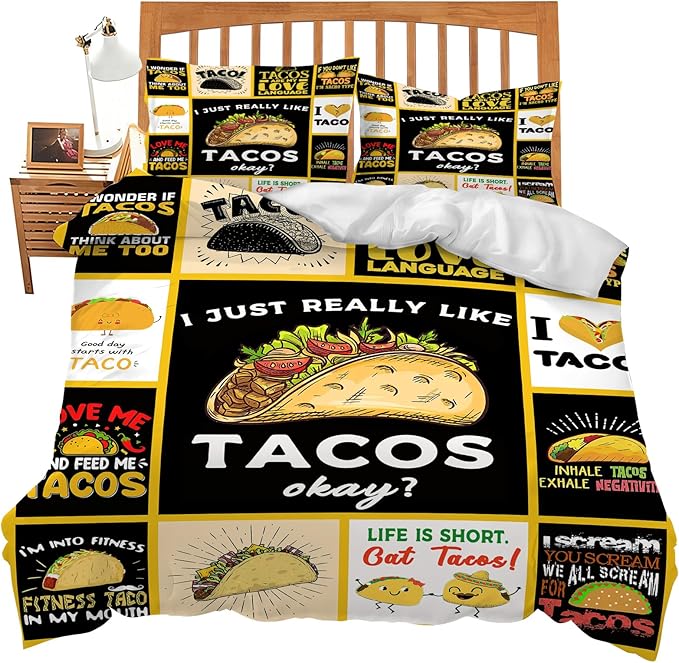 Taco Bedding Set Taco Food Theme Comforter Set for Kids Teens Adults Women Men Taco Duvet Cover Bedroom Decor Soft King Size Quilt Cover with 2 Pillowcases