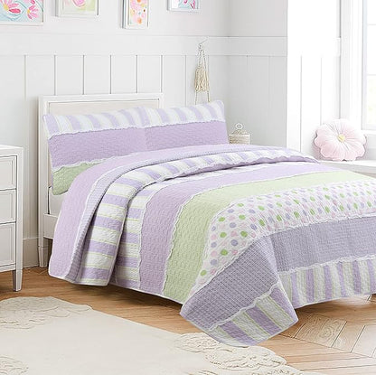Cozy Line Home Fashions Lavender Green Stripe Dots Girl 100% Cotton Reversible Quilt Bedding Set, All-Season Coverlet Bedspread (Purple Dots, Twin - 2 Piece)