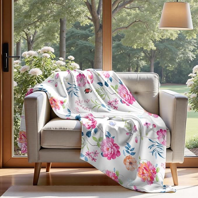 Floral Throw Blanket Birthday Gift for Women Mom Girls Peony Flowers Blanket Summer Wildflower Flannel Blanket Watercolor Printed Throw for Couch Sofa Bed Chair 60"x80"