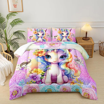 Cute Unicorn Comforter Set Queen for Girls Kids, Rainbow Unicorn Flower Print Galaxy Bedding Set,Soft Microfiber Cartoon Comforter Set with 2 Pillowcases,Toddler Bedding Set