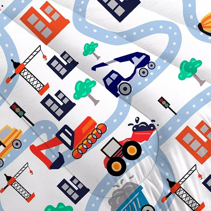 Construction Comforter Set Full: Cartoon Cars Comforter Set for Boys Kids Teen Children White Truck Bedding Bedroom Dorm Quilt 1 Comforter + 2 Pillow Cases