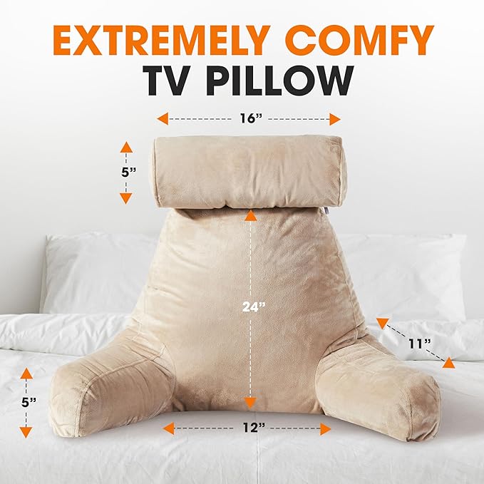 Cheer Collection Reading Pillow Chair - Chair Pillow with Arms and Detachable Neck Bolster for Bed & Couch - Machine Washable, Taupe