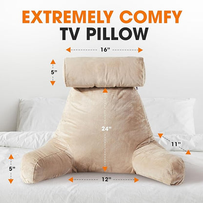 Cheer Collection Reading Pillow Chair - Chair Pillow with Arms and Detachable Neck Bolster for Bed & Couch - Machine Washable, Taupe