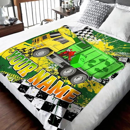 Boys Blanket Gifts Personalized Garbage Truck Blankets for Kids Toddlers Boys - 30" x 40" Custom Name Cute Car Themed Soft Lightweight Flannel Throws for Couch, Sofa, Bed, Office, Travel