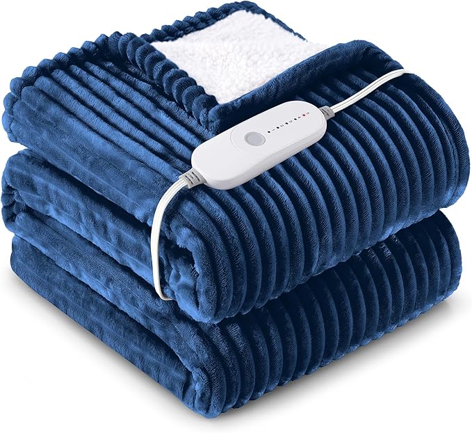 HYLEORY Heated Blanket Electric Full Size, Soft Flannel Sherpa Heater 5 Heat Settings and 10 Hours Auto Shut-Off Heating Blanket ETL Certification Over-Heat Protection Machine Washable,Navy Blue