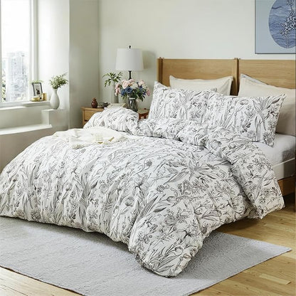 100% Cotton Duvet Cover King Size – Vintage Botanical Sketch Elegant Taupe Floral Duvet Cover Set with Zipper Closure, 3-Piece Soft Breathable Natural Premium Cotton Bedding Set