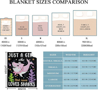 Custom Just A Girl Who Loves Sharks Blankets Gifts for Kids Adult On Bed Sofa,Personalized Premium Flannel Blankets for Birthday Christmas Thanksgiving All Season Use 30''x 40'' -XS
