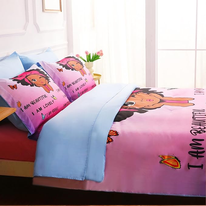 7 Piece Black Girls Magic Comforter Sets Full Size African American Girl Bedding Set Bed in A Bag for Girls Kids Teens Inspirational Quotes Pink Blue Quilts Room Decor