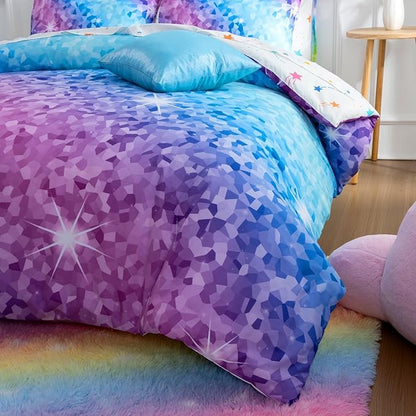A Nice Night 6Pcs Gradient Abstract Art Grid Mosaic Geometric Bedding Set for Girls, Colorful Rainbow Galaxy Comforter Set, Ultra Soft Bedding Sets (PinkBlue,Full 6Pcs)