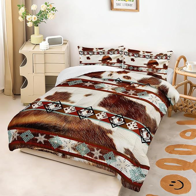 Boho Animal Fur Comforter Set 3 Pieces Queen Size, Mixed Coffee Brwon and White Long Hair for Boys Girls, 3 Pieces Warm Fuzzy Cozy Decorative Room with 2 Pillowcases All Seasons.
