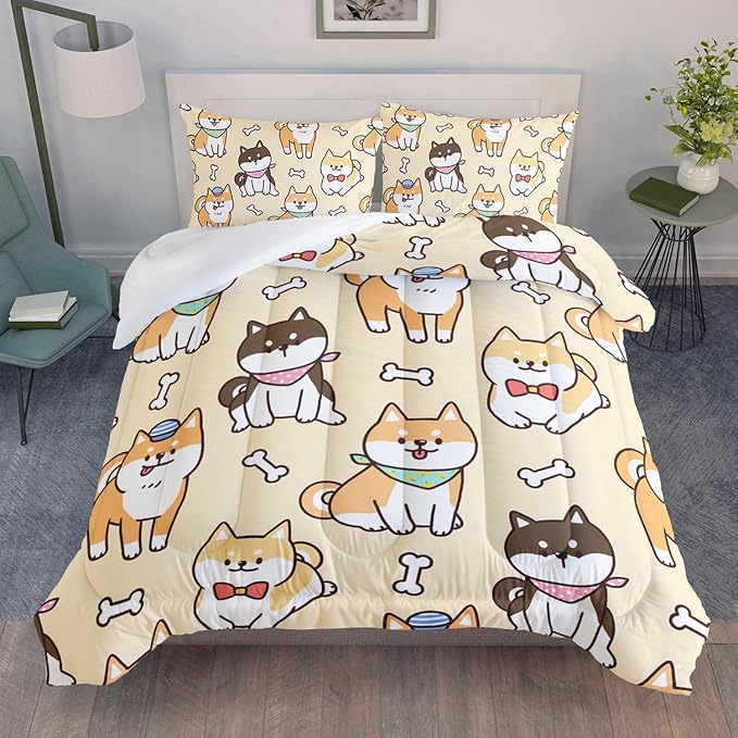 Kawaii Cartoon Corgi Dog Animal Themed 3Pcs Comforter Full Yellow Black Dogs Pattern Bedding for Kids Teens Girls Boys Cute White Bone Quilt Bed Decor Set with 1 Comforter and 2 Pillowcases