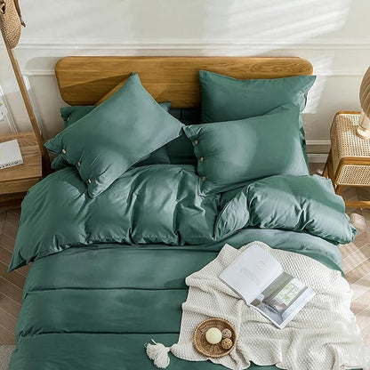 JELLYMONI Cotton Duvet Cover Cal King Size - Dark Green Comforter Cover with Button 100% Washed Cotton 3PCS Breathable Soft Solid Bedding Set Duvet Cover 104×98in & 2 Pillowcases (NO Comforter)