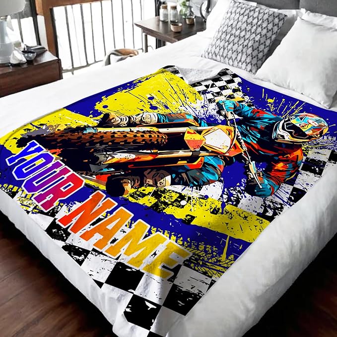 Boys Blanket Gifts Personalized Dirt Bike Blankets for Kids Toddlers Boys - 30" x 40" Custom Name Cute Car Themed Motorcycle Soft Lightweight Flannel Throws for Couch, Sofa, Bed, Office, Travel