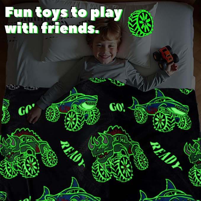 BORORO Glow in The Dark Truck Dinosaur & Shark Blanket - Excavator Construction Car Gifts for Boys Age 3-12, Soft Fleece Luminous Tractor Throw Blanket for Kids Room Decor 50"×60"