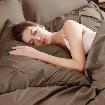 Bedsure Twin Comforter Set Brown - Bed in a Bag Twin Size Bedding 5 Pieces, GentleSoft™ Pintuck Bed Set Gift for Family, Pinch Pleat Brown Comforter with Sheets, Pillowcase & Sham