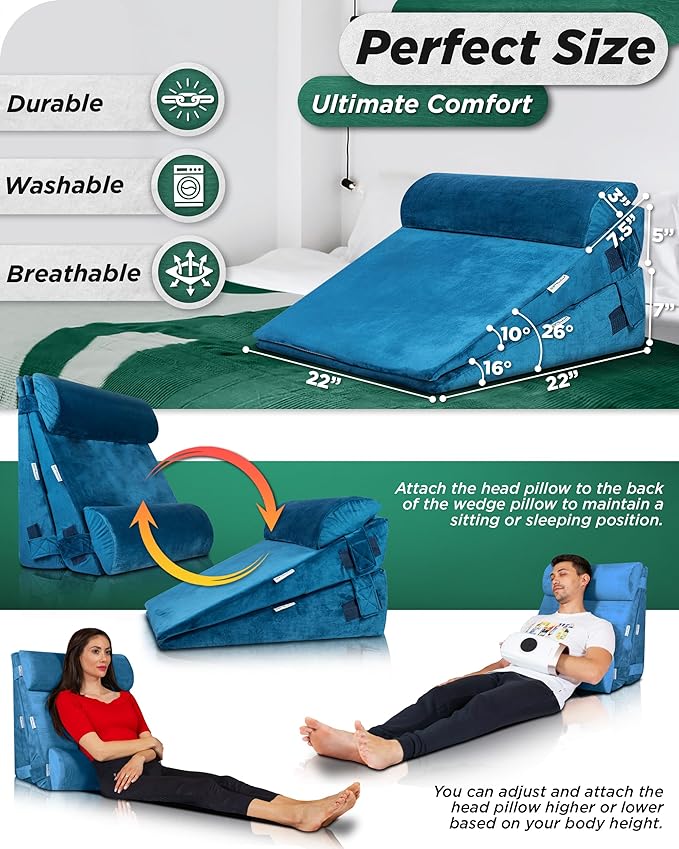 Lunix 4pcs Orthopedic Bed Wedge Pillow Set for Sleeping – Adjustable Post Surgery Back, Leg & Knee Support, Acid Reflux & GERD Relief, Memory Foam Head Pillows, with Hot/Cold Pack, Blue