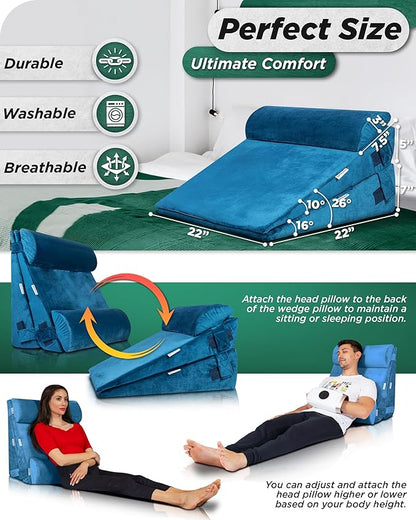 Lunix 4pcs Orthopedic Bed Wedge Pillow Set for Sleeping – Adjustable Post Surgery Back, Leg & Knee Support, Acid Reflux & GERD Relief, Memory Foam Head Pillows, with Hot/Cold Pack, Blue