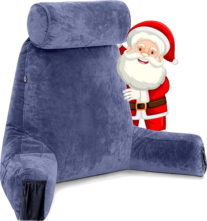 Husband Pillow Medium Dark Blue, Backrest for Kids, Teens, Petite Adults - Reading Pillows with Arms, Adjustable Loft, Plush Memory Foam, Bed Rest Chair Sitting Up, Detach Neck Roll, Removable Cover