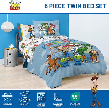 Jay Franco Kids Comforter Set Includes Sheets and Pillow Cover - Soft and Cozy Bed Set for Stylish Room Decor, Blue - Toy Story, 5 Piece Twin