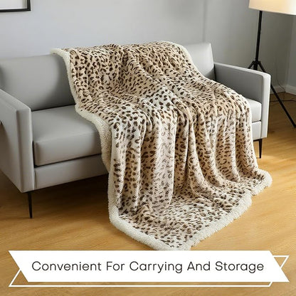 Electric Heated Blanket Throw Size 50"x60" - Microplush & Sherpa Fabric Dual-Sided, 6 Heat Settings & 3 Hours Auto Off, Cozy Warming Throw for Office or Bed, Machine Washable, Beige Leopard Print