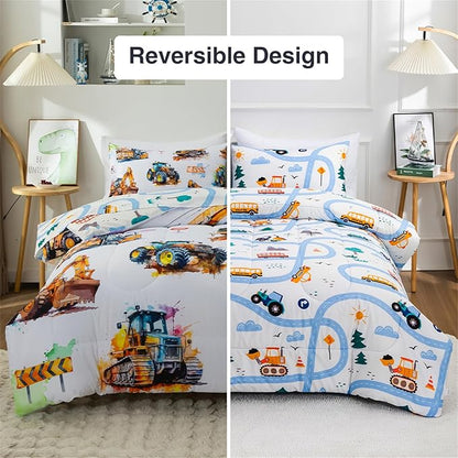 Holawakaka Trucks Tractors Cars Boy Bedding Comforter Set with Sheets, Full Size Cartoon Construction Car Excavator Print Kids Bed in A Bag 5-Piece, Boys Reversible Dorm Bed Sets (Multi Full)