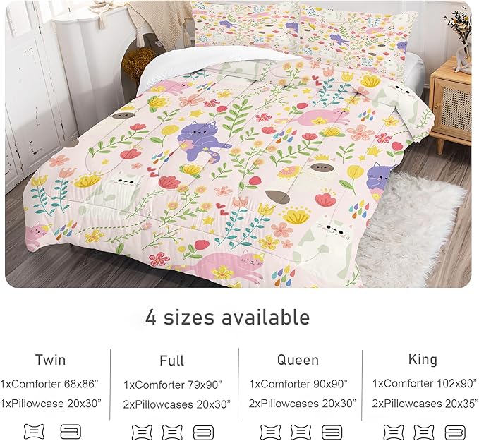 Cat Comforter Set Queen: Floral Cats Bedding Set for Teens Girls Kids Women Adults Pink Purple Cartoon Kawaii Kitten Flower Quilt Bed Sets 1 Comforter & 2 Pillowcases