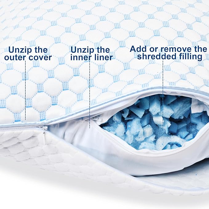 XWZO Cooling Pillow for Sleeping King Size Set of 1, Shredded Memory Foam Pillows Adjustable Gel Bed Pillows for Side Back Stomach Sleepers with Washable Removable Cover