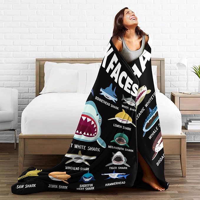 Shark Lovers King Size Blanket - Super Soft Warm Fleece Flannel for Travel, Bed, Sofa - Shark Faces Room Decor for Christmas, Birthday, Easter - 120"X90"-XL