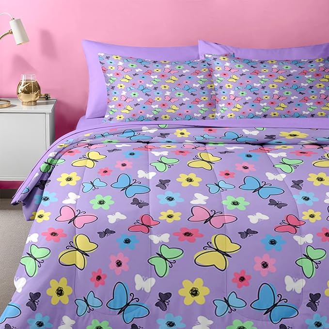 Nesker 5 Pcs Comforter Set Twin Size, Colorful Butterfly Bedding for Kids Teen, Cute Cartoon Flowers Bed Sheet with Pillowcase & Sham