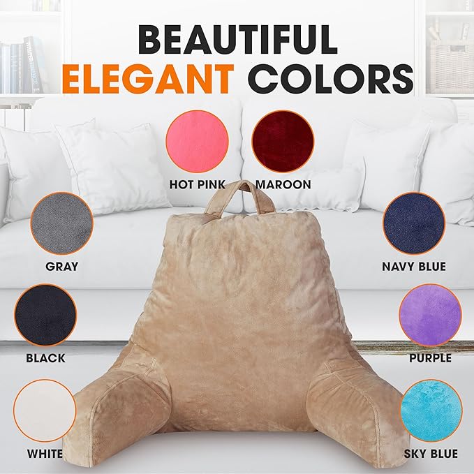 Cheer Collection Reading Pillow with Arms – Portable Bed Pillow for Sitting Up & Support, Hollow Fiber-Filled Back Rest Pillow for Sitting in Bed & Couch, Machine Washable, Taupe