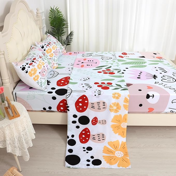 Cat Sheets Set Twin: Green Cartoon Floral Animals Bedding Set for Kids Girls Teens Bedroom Bed - 1 Flat Sheet, 1 Fitted Sheet, 1 Pillowcase