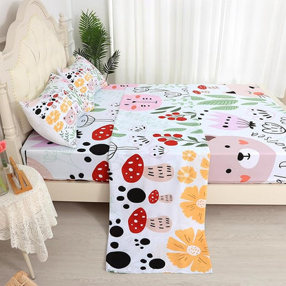 Cat Sheets Set: Floral Cat Bedding Set Full/Queen Size for Girls Teens Women Bedroom Flower Bed - 1 Flat Sheet, 1 Fitted Sheet, 2 Pillowcases