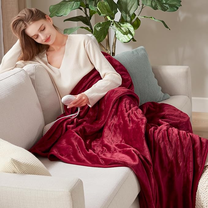 Degrees of Comfort Heated Throw Blanket 50x60'' – Soft Plush Electric Blanket with 6 Heat Settings & Auto Shut-Off, Machine Washable – Cozy Winter Gift for Bed & Couch (Burgundy Red)