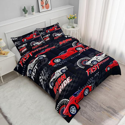 Red Sports Car Comforter Set Cool Sports Printed Bedding Set with 1 Comforter and 2 Pillowcases for Boys and Girls Bedroom All Season(Car-2 Full)