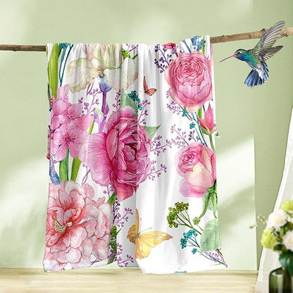 Floral Throw Blanket Birthday for Mom Women Watercolor Flowers Blanket Soft Fuzzy Flannel Bed Blanket Plush Floral Throw for Couch Sofa Bed Chair 60"x80"