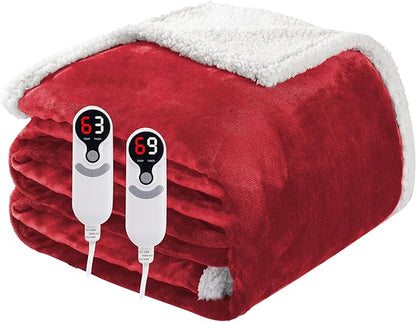 Electric Heated Blanket Queen Size 84"x90", Soft Flannel with Dual Controllers & Overheat Protection, 6 Adjustable Heat Settings & 10-Hour Auto-Off Timer, Fast Heating for Winter Comfort, Red