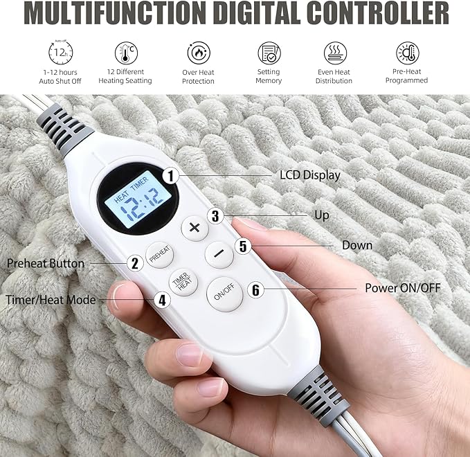 Heated Blanket King Size, 90“x100 Electric Blanket Heating with Dual Controllers, Fast Heating with 12 Heat Levels & 12 Hours Auto Off, with ETL & FCC for Bed(Light Gray)