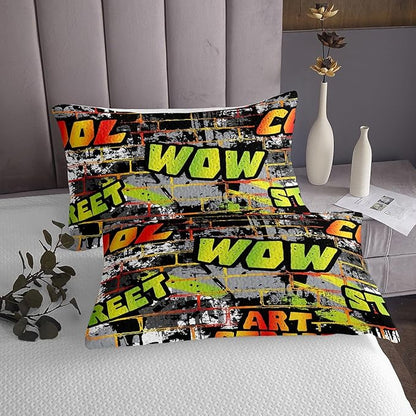 Erosebridal Graffiti Bedspread Queen, Hip Hop Bedding Set Hippie Quilted for Child Teens Girls Boys, Street Art Decorations 3 Pieces Coverlet Set, (Watercolor)