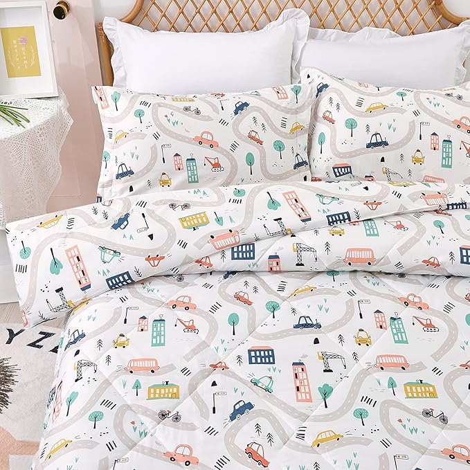 JSD Car Kids Comforter Set Twin Size, 2 Piece Printed Microfiber Comforter with Pillow Sham, Lightweight All Season Washable
