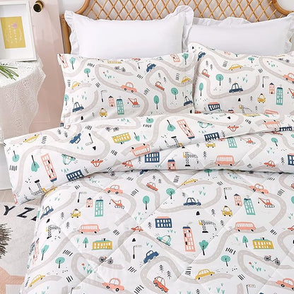 JSD Car Kids Comforter Set Twin Size, 2 Piece Printed Microfiber Comforter with Pillow Sham, Lightweight All Season Washable