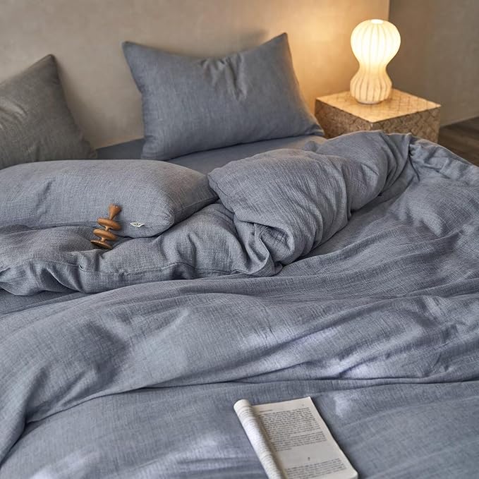 BuLuTu Gray Blue Muslin Cotton Duvet Cover Full Gauze Quilt Cover with Pillow Cases for All Seasons Minimalist Comforter Cover Set, Soft Comfort Bedding, Machine Washable