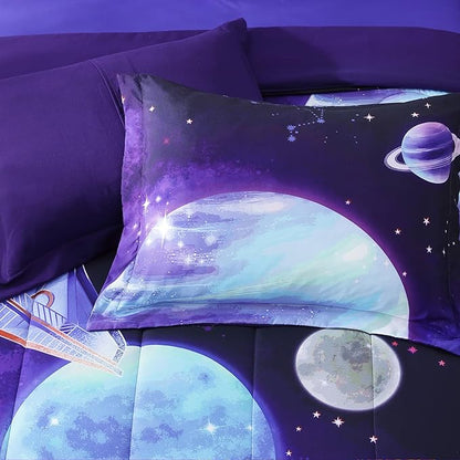Twin Comforter Set for Boys-3 Pieces Navy Blue Space Rocket Twin Bedding Sets for Kids, 1 Comforter, 1 Sham and 1 Decor Pillow