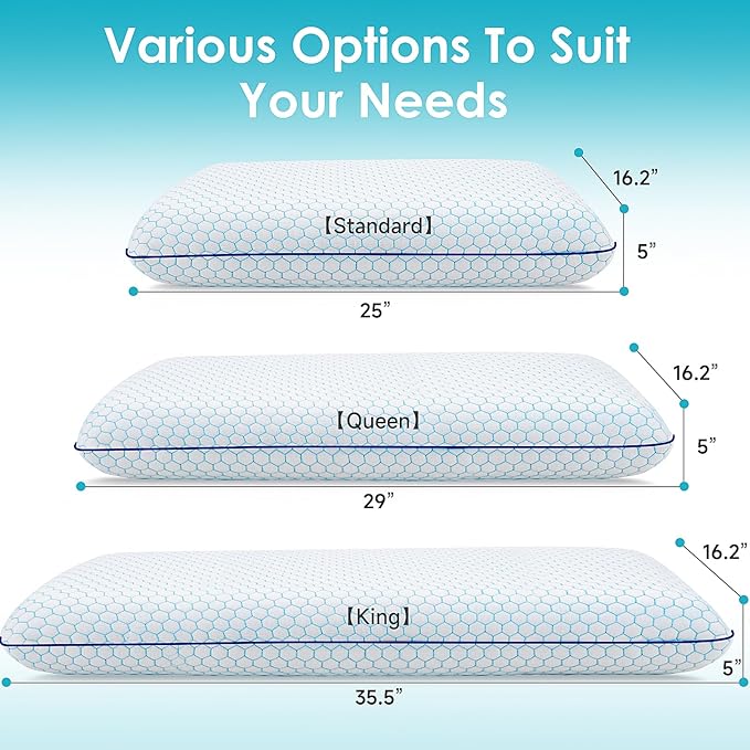 Memory Foam Pillows for Side, Back and Stomach Sleepers, Set of 2, Bed Pillow with Washable Cover and Breathable Mesh, Bed Pillow for Sleeping (Blue，Standard Size)